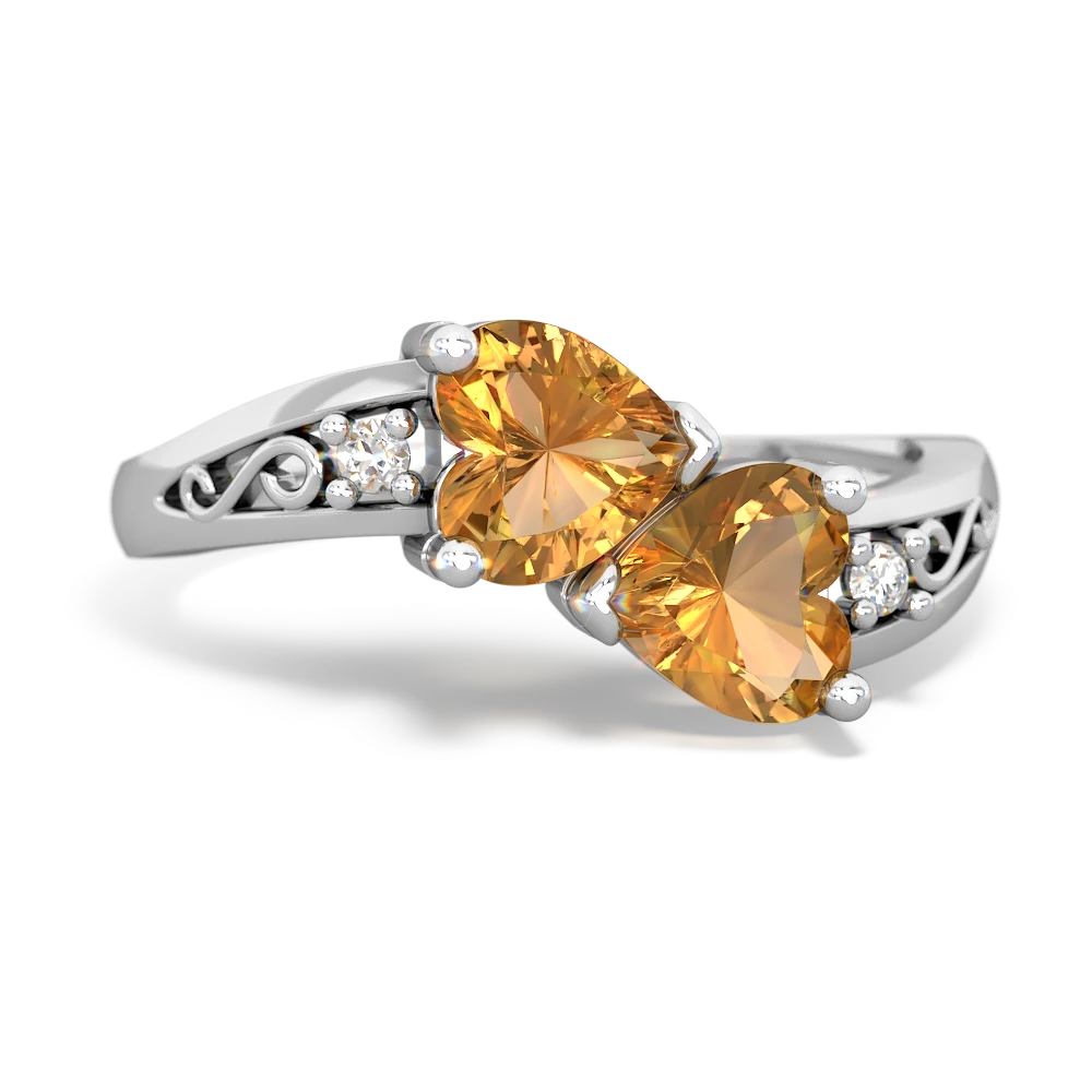 Citrine Snuggling Hearts 14K White Gold ring R2178