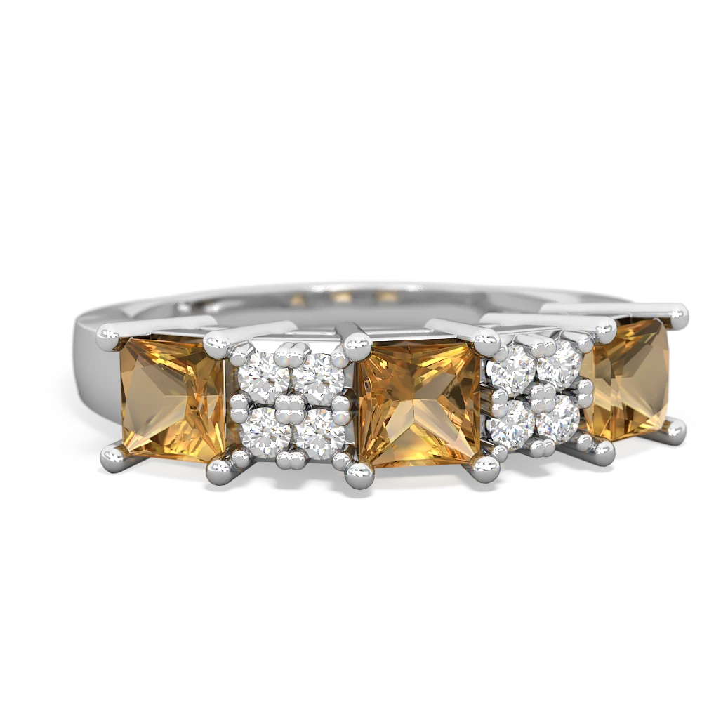 Citrine Three Stone Diamond Cluster 14K White Gold ring R2592