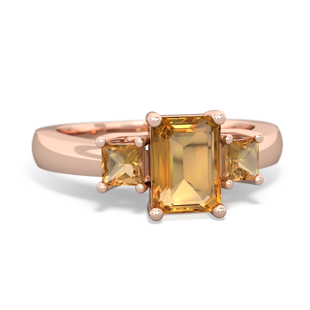 Lab Emerald Three Stone Emerald-Cut Trellis 14K Rose Gold ring R4021