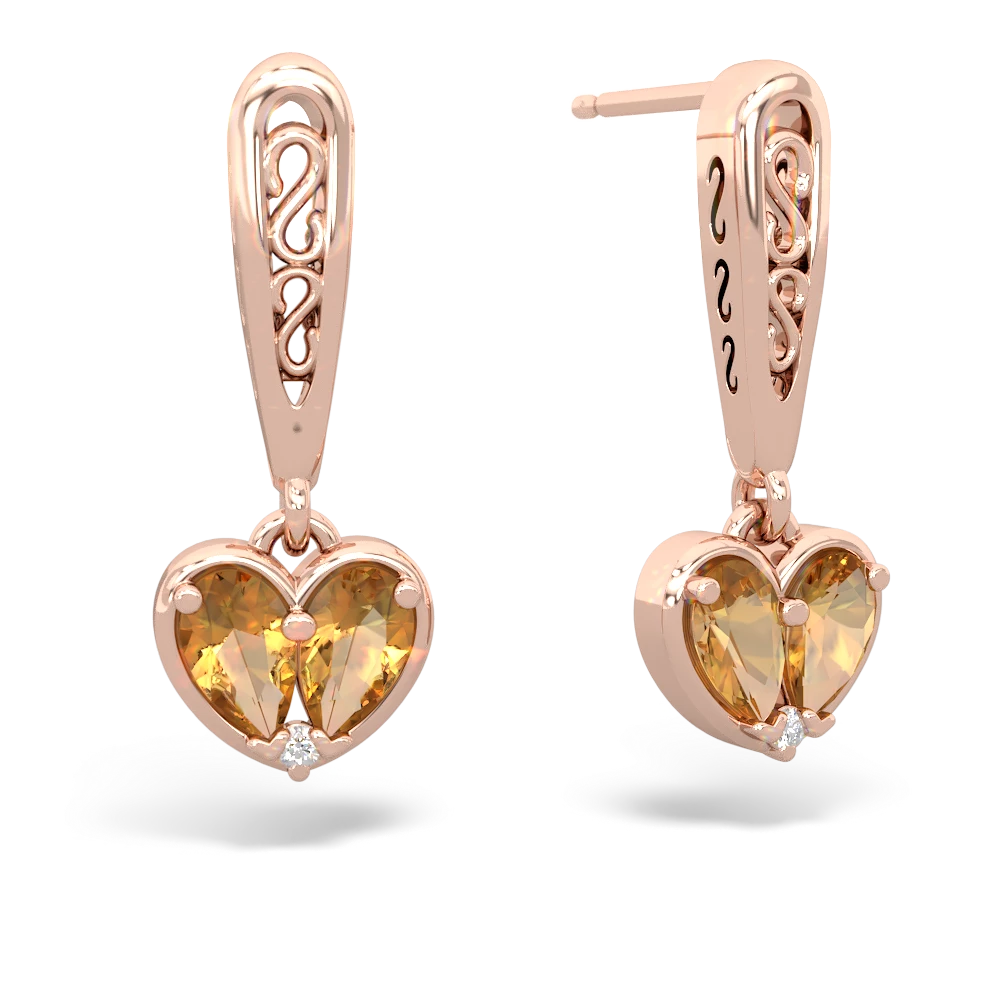 Citrine Filligree Heart 14K Rose Gold earrings E5070