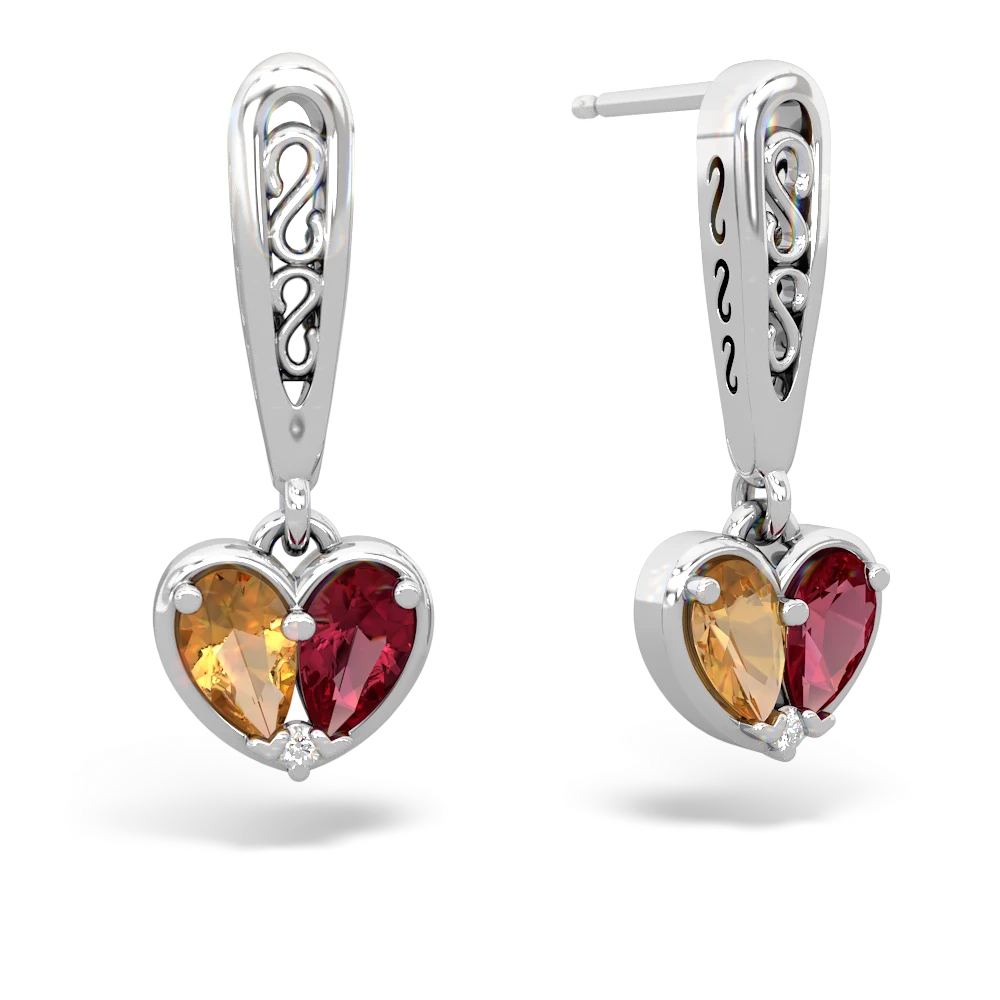 Citrine Filligree Heart 14K White Gold earrings E5070