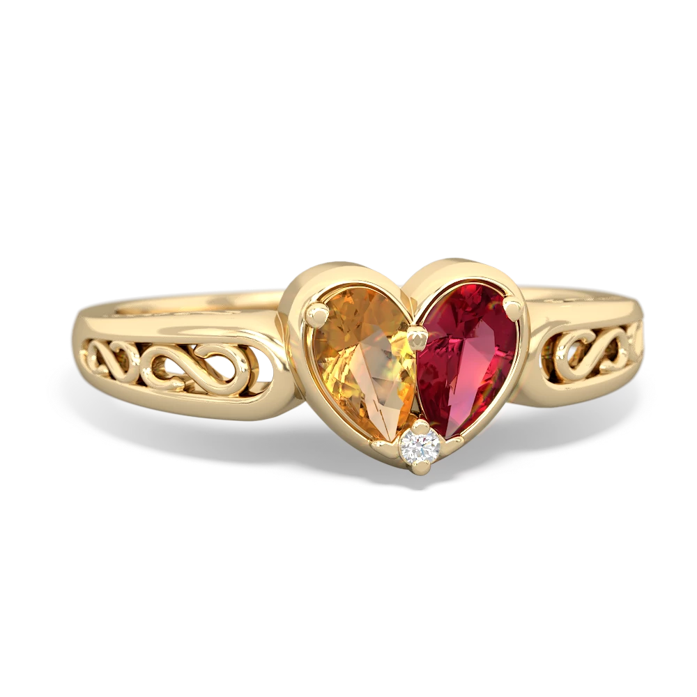 Citrine Filligree 'One Heart' 14K Yellow Gold ring R5070