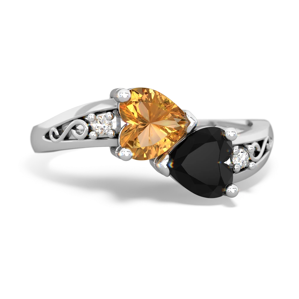 Citrine Snuggling Hearts 14K White Gold ring R2178