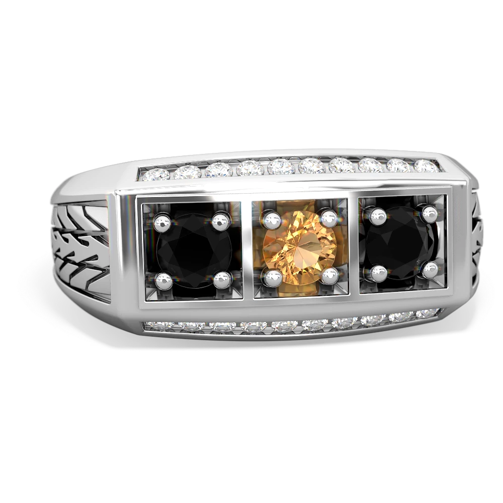 Citrine Three Stone Tire Tread Men's 14K White Gold ring R0520