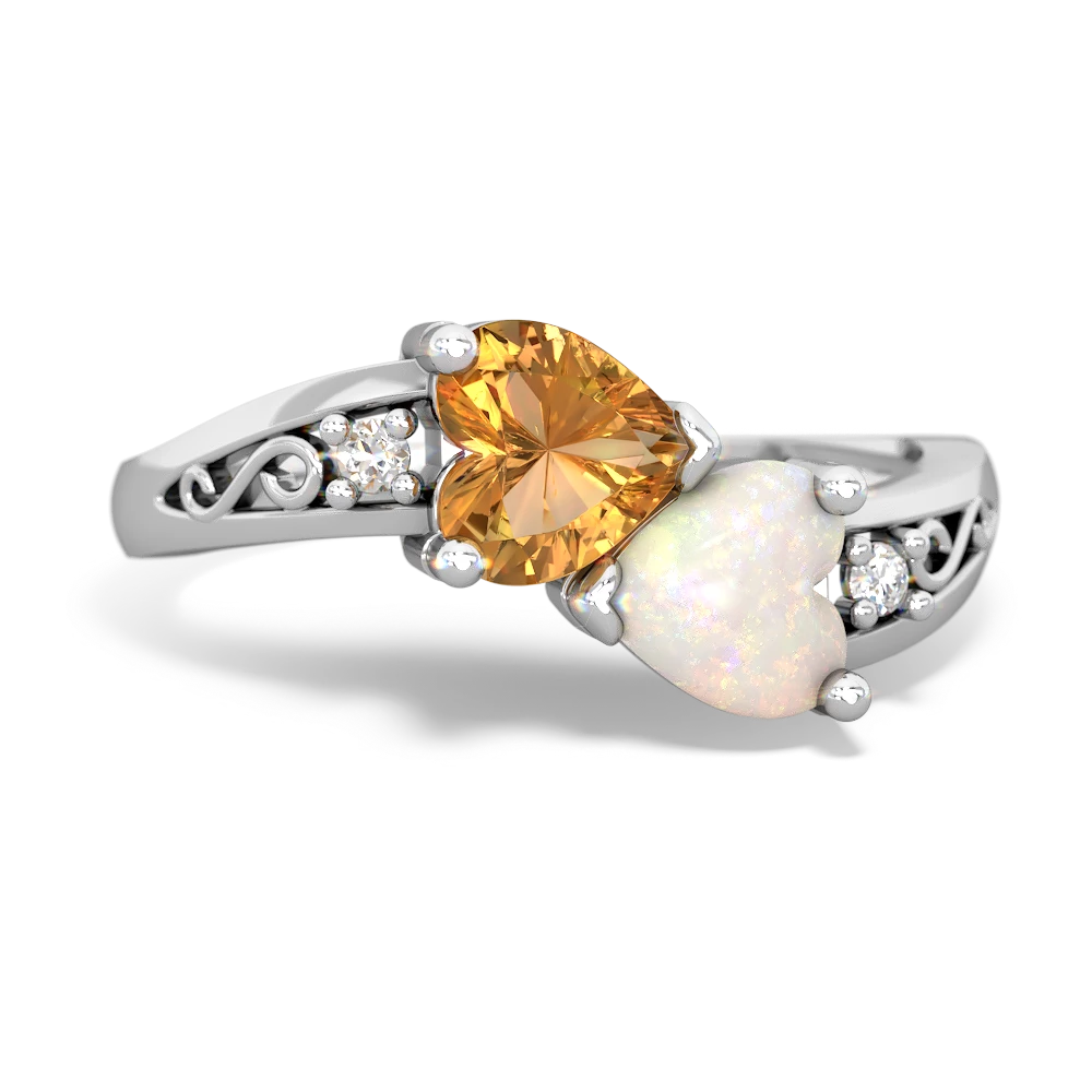 Citrine Snuggling Hearts 14K White Gold ring R2178