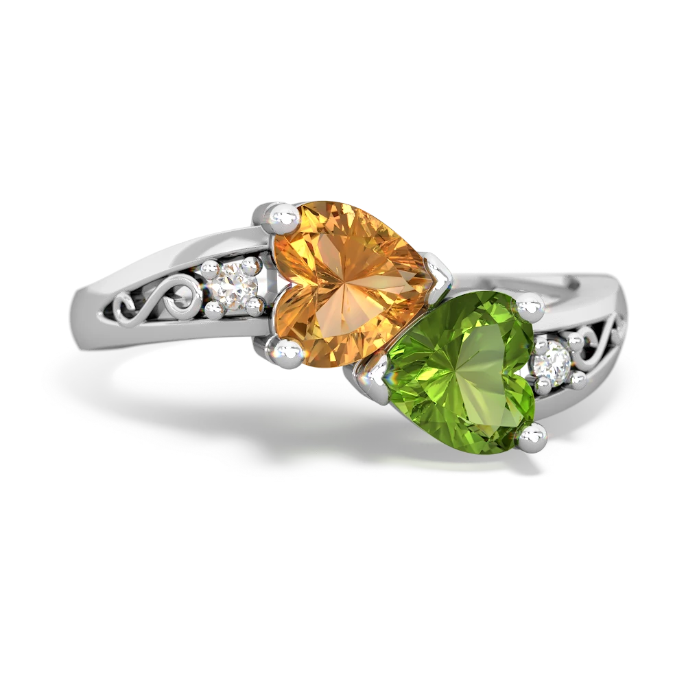 Citrine Snuggling Hearts 14K White Gold ring R2178