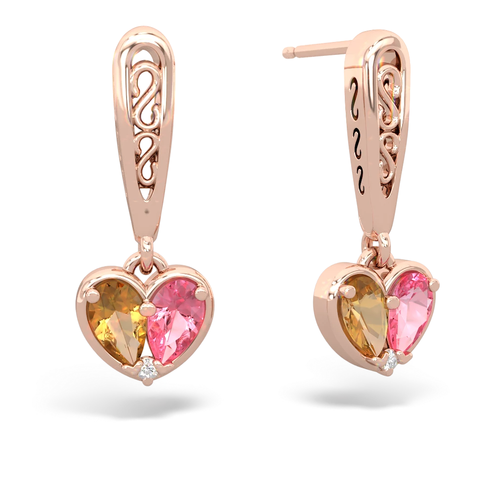 Citrine Filligree Heart 14K Rose Gold earrings E5070