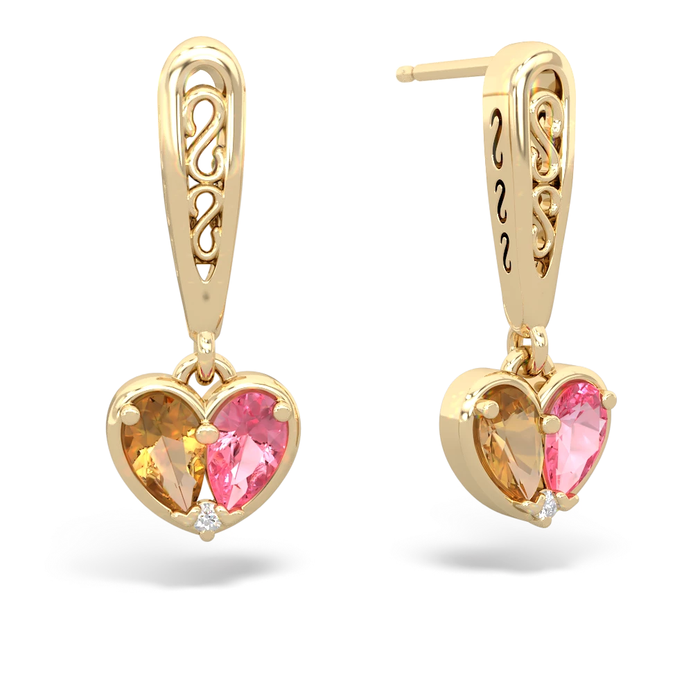 Citrine Filligree Heart 14K Yellow Gold earrings E5070