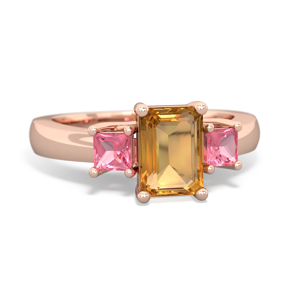 Citrine Three Stone Emerald-Cut Trellis 14K Rose Gold ring R4021