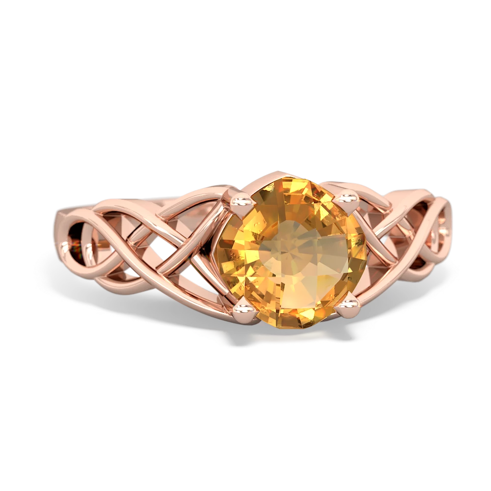 Citrine Checkerboard Cushion Celtic Knot 14K Rose Gold ring R5000