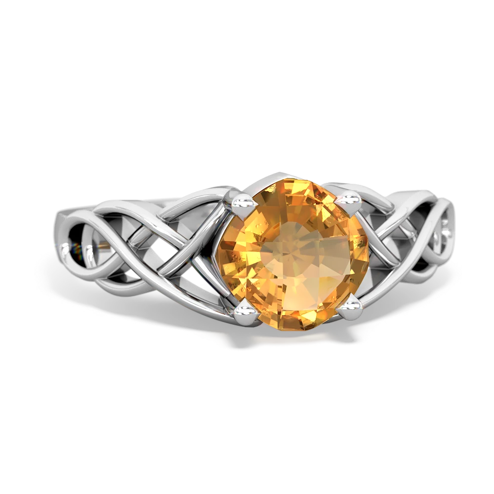 Citrine Checkerboard Cushion Celtic Knot 14K White Gold ring R5000