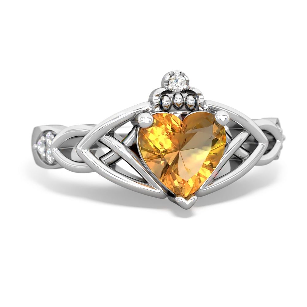 Citrine Claddagh Celtic Knot Diamond 14K White Gold ring R5001