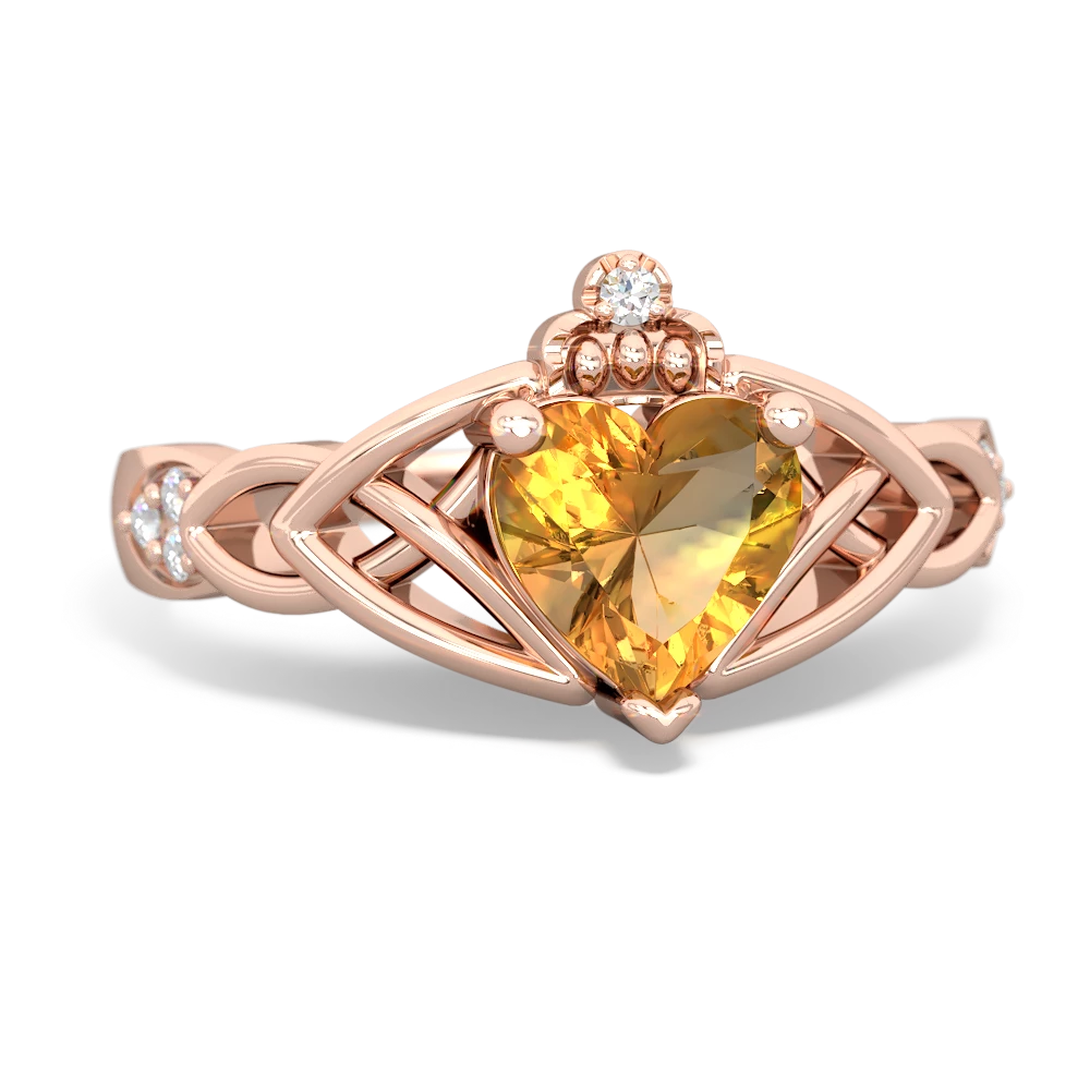 Citrine Claddagh Celtic Knot Diamond 14K Rose Gold ring R5001