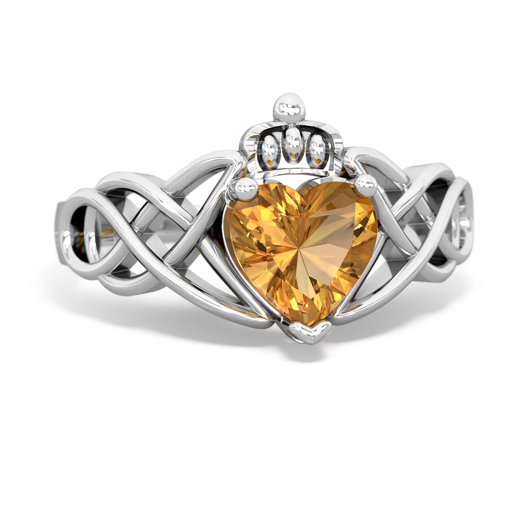 Citrine Claddagh Celtic Knot 14K White Gold ring R2367