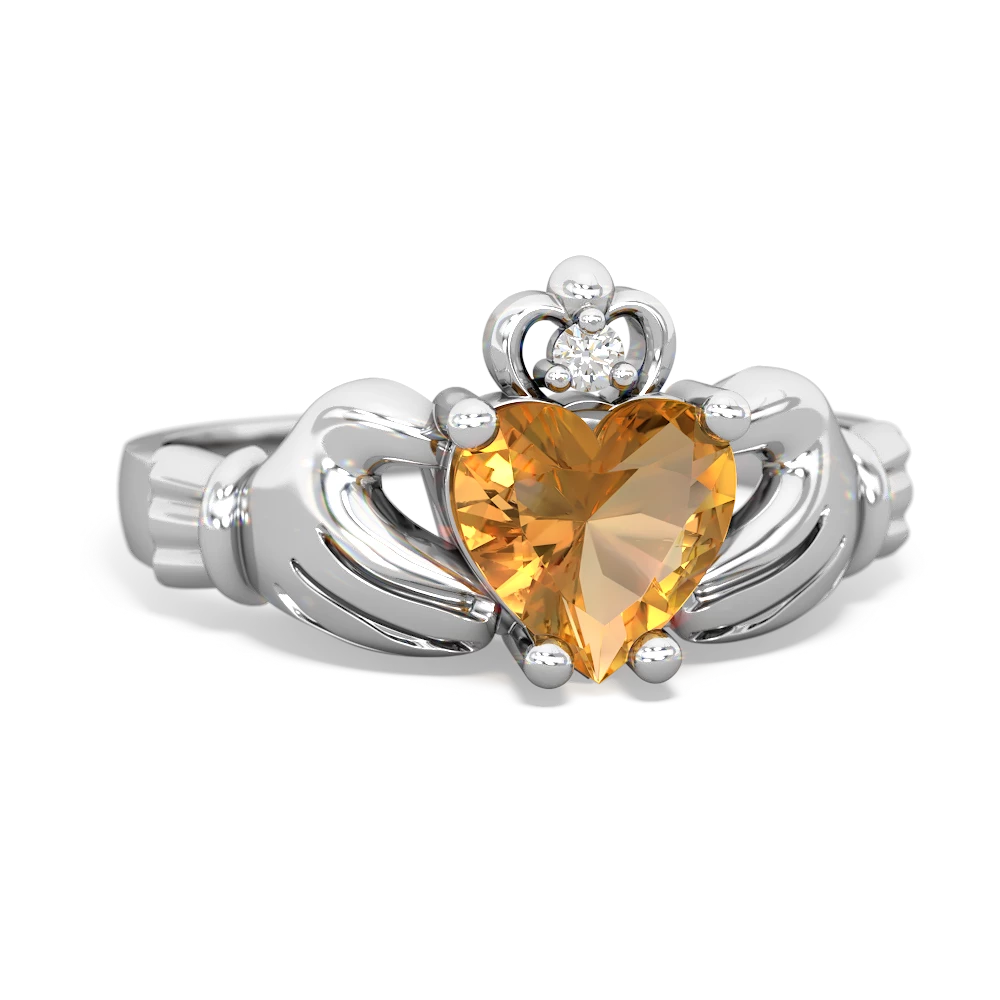 Citrine Claddagh Diamond Crown 14K White Gold ring R2372
