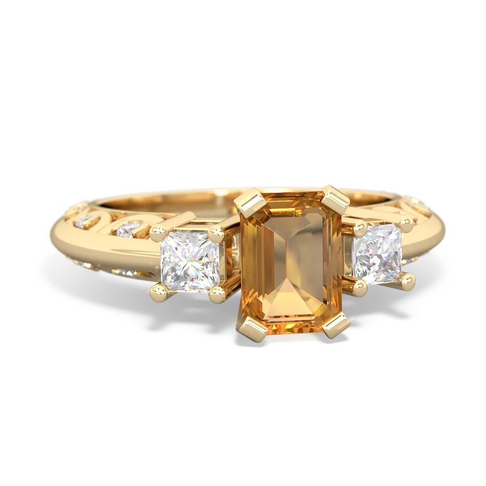 Citrine Art Deco Diamond 7X5 Emerald-Cut Engagement 14K Yellow Gold ring R20017EM