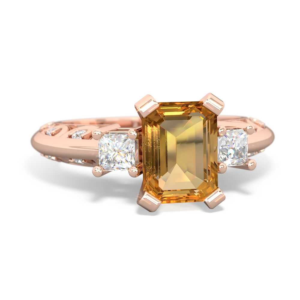 Citrine Art Deco Diamond 8X6 Emerald-Cut Engagement 14K Rose Gold ring R20018EM