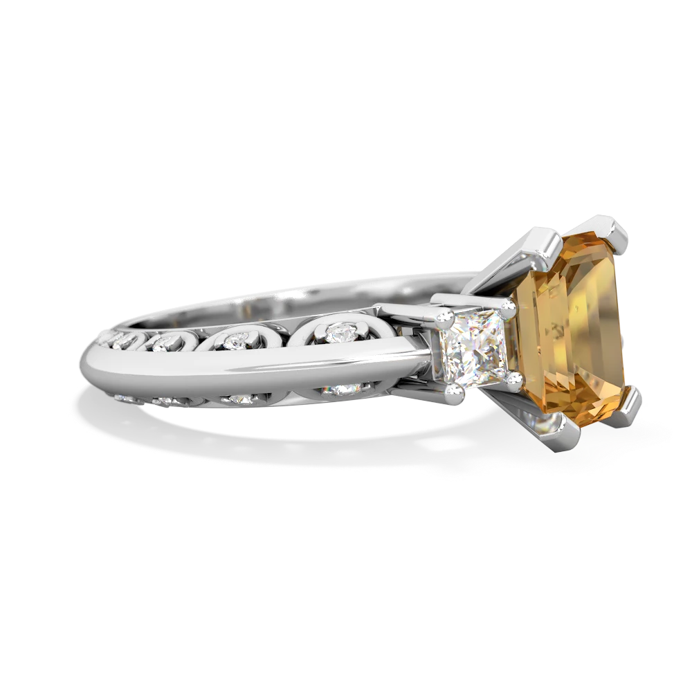 Citrine Art Deco Diamond 8X6 Emerald-Cut Engagement 14K White Gold ring R20018EM