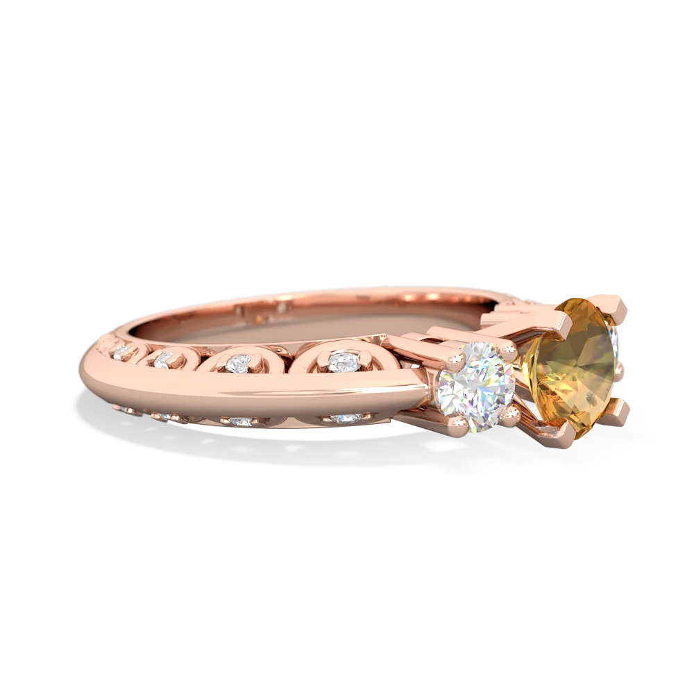 Citrine Art Deco Diamond 6Mm Round Engagment 14K Rose Gold ring R2003