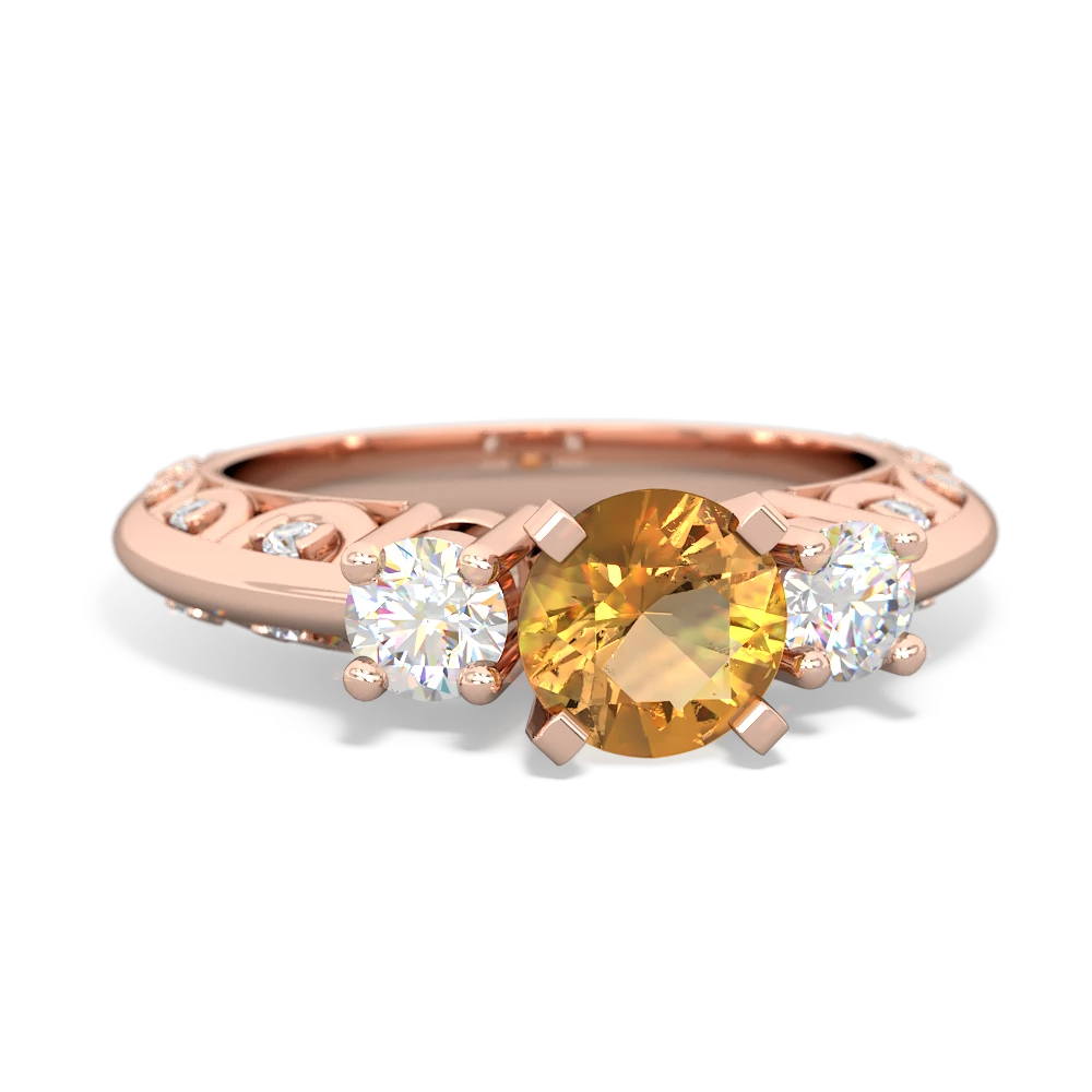 Citrine Art Deco Diamond 6Mm Round Engagment 14K Rose Gold ring R2003