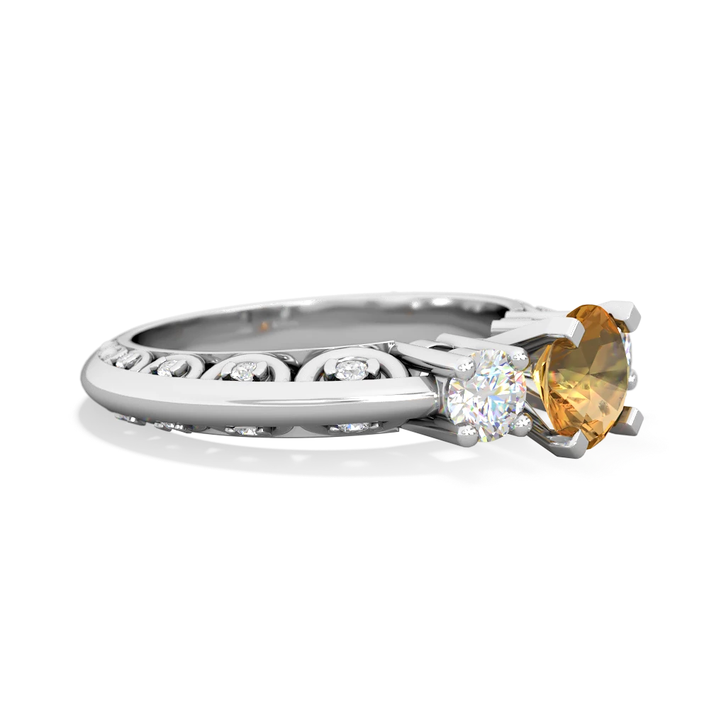 Citrine Art Deco Diamond 6Mm Round Engagment 14K White Gold ring R2003