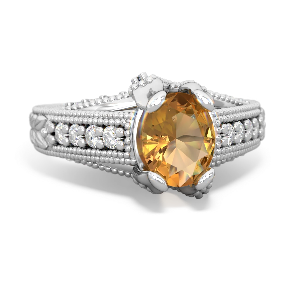 Citrine Antique Style Milgrain Diamond 14K White Gold ring R2028
