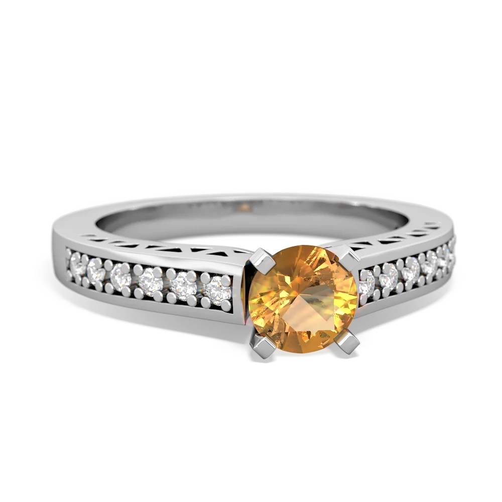 Citrine Art Deco Engagement 5Mm Round 14K White Gold ring R26355RD