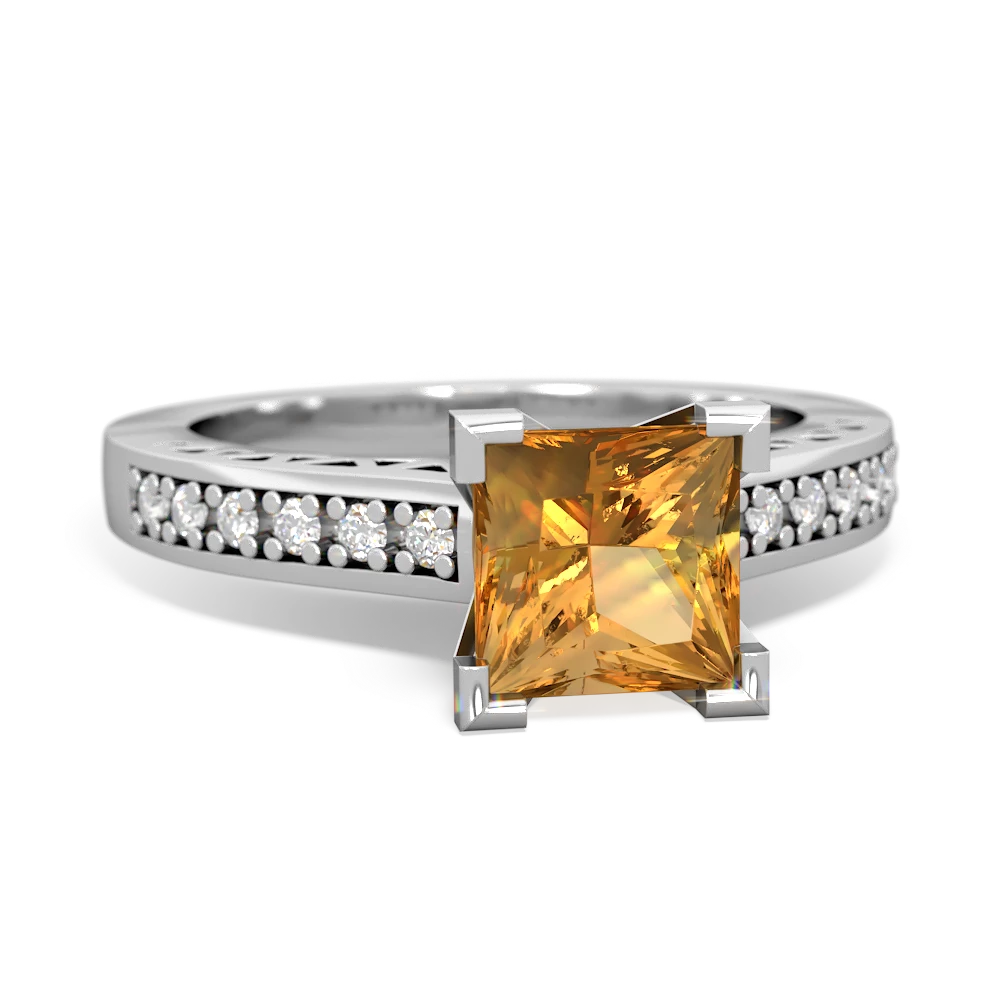 Citrine Art Deco Engagement 6Mm Princess 14K White Gold ring R26356SQ