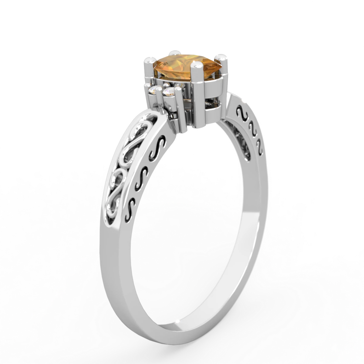 Citrine Filligree Scroll Oval 14K White Gold ring R0812