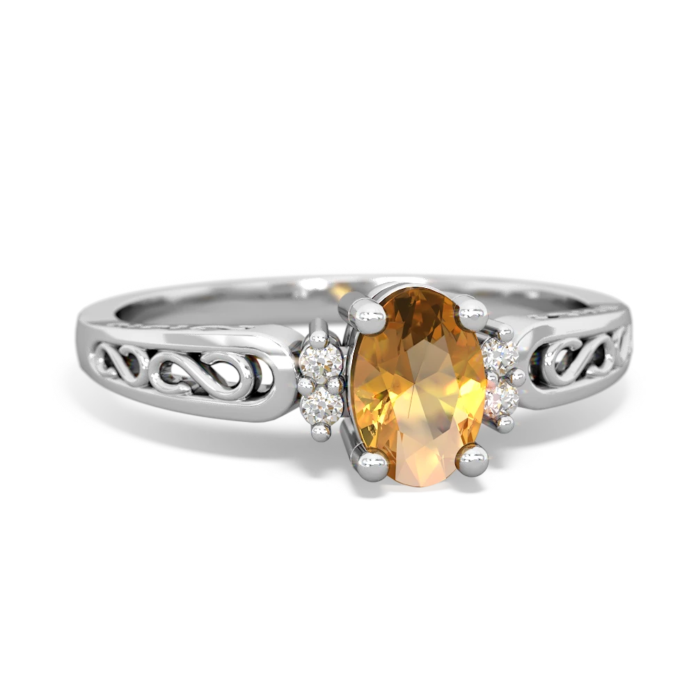 Citrine Filligree Scroll Oval 14K White Gold ring R0812