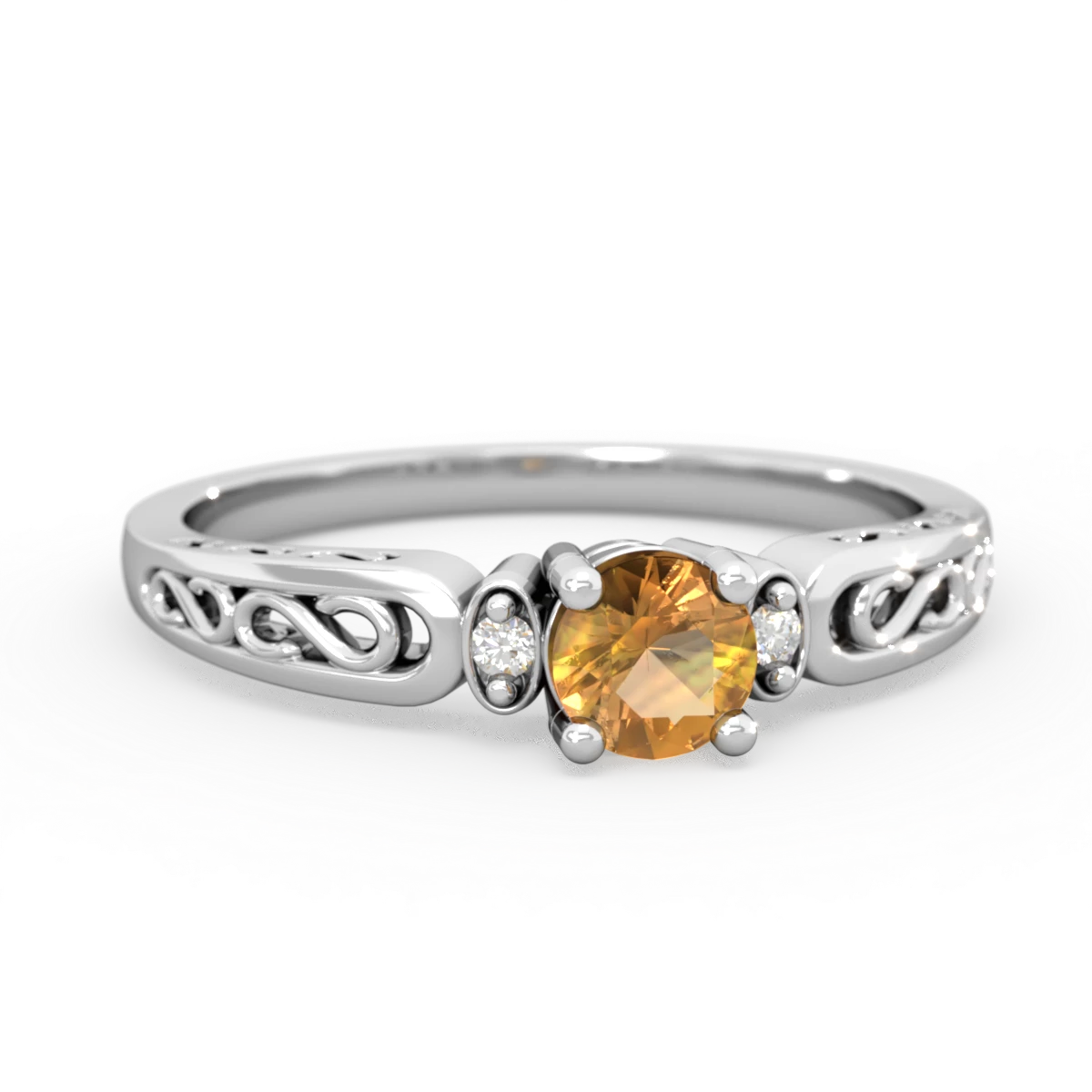 Citrine Filligree Scroll Round 14K White Gold ring R0829