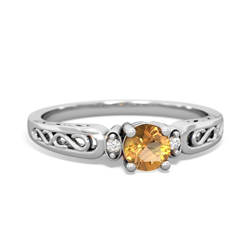 Citrine Filligree Scroll Round 14K White Gold ring R0829