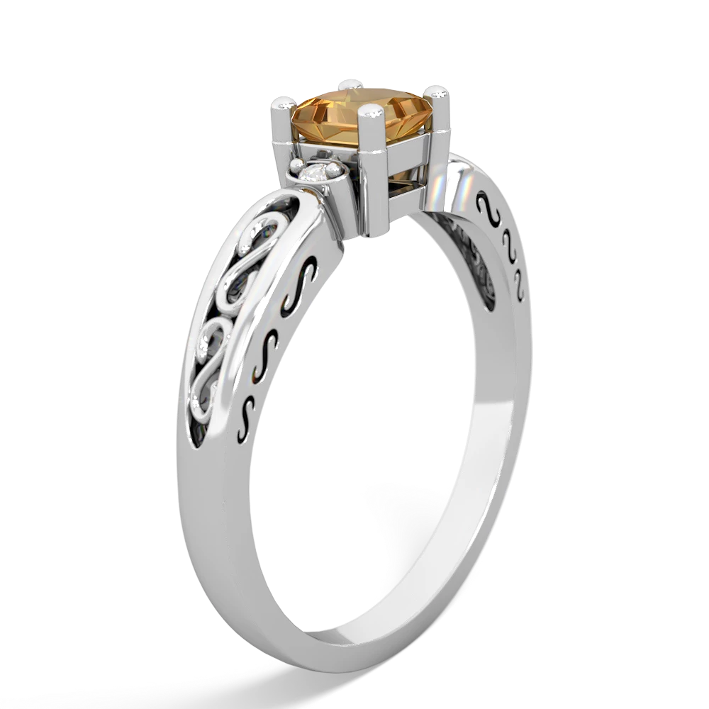 Citrine Filligree Scroll Square 14K White Gold ring R2430