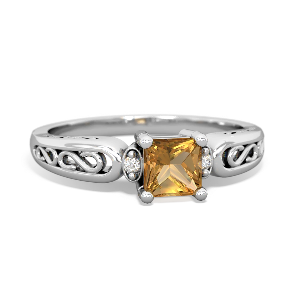 Citrine Filligree Scroll Square 14K White Gold ring R2430