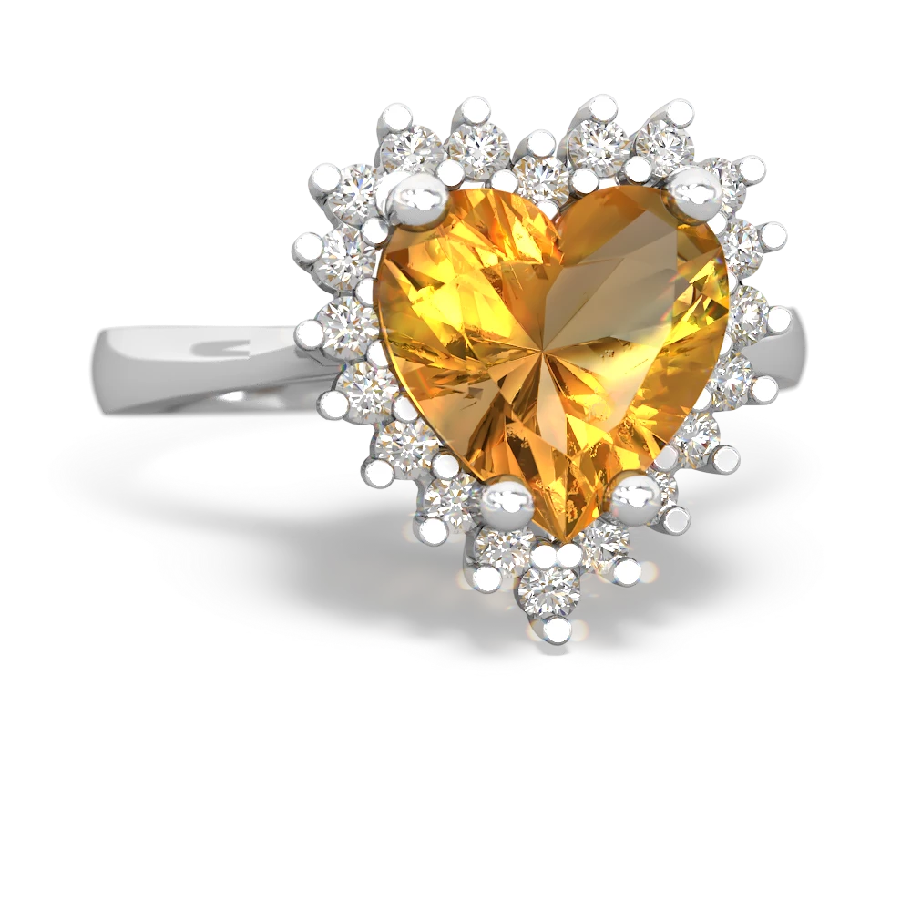 Citrine Sparkling Halo Heart 14K White Gold ring R0391