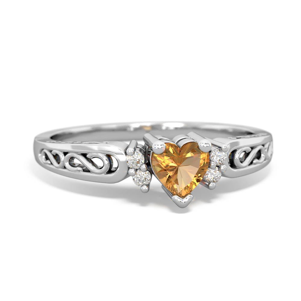 Citrine Filligree Scroll Heart 14K White Gold ring R2429