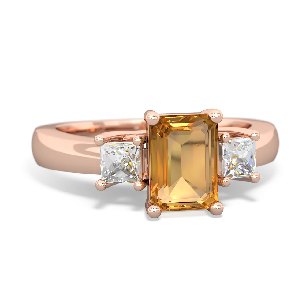 Citrine Diamond Three Stone Emerald-Cut Trellis 14K Rose Gold ring R4021