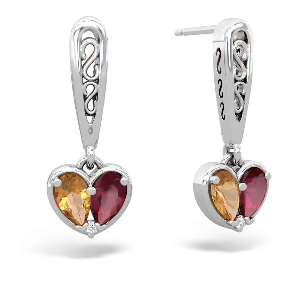 Citrine Filligree Heart 14K White Gold earrings E5070