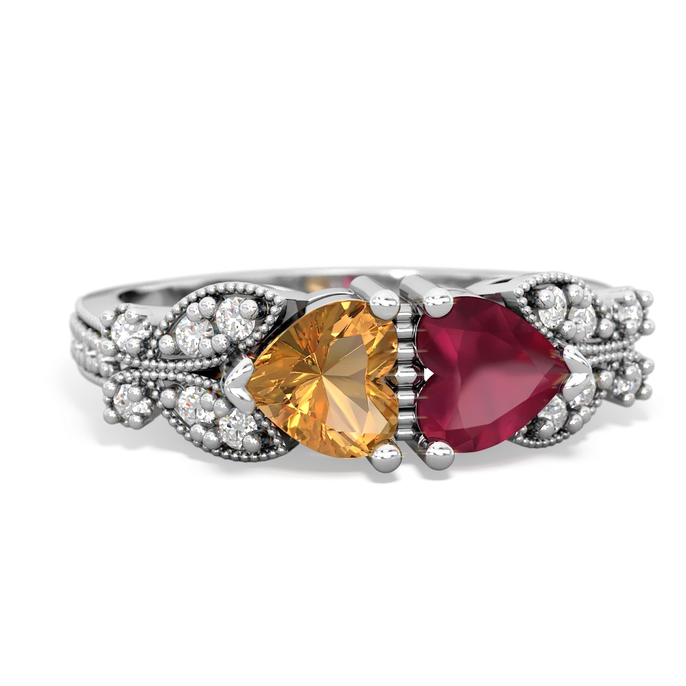 Citrine Diamond Butterflies 14K White Gold ring R5601