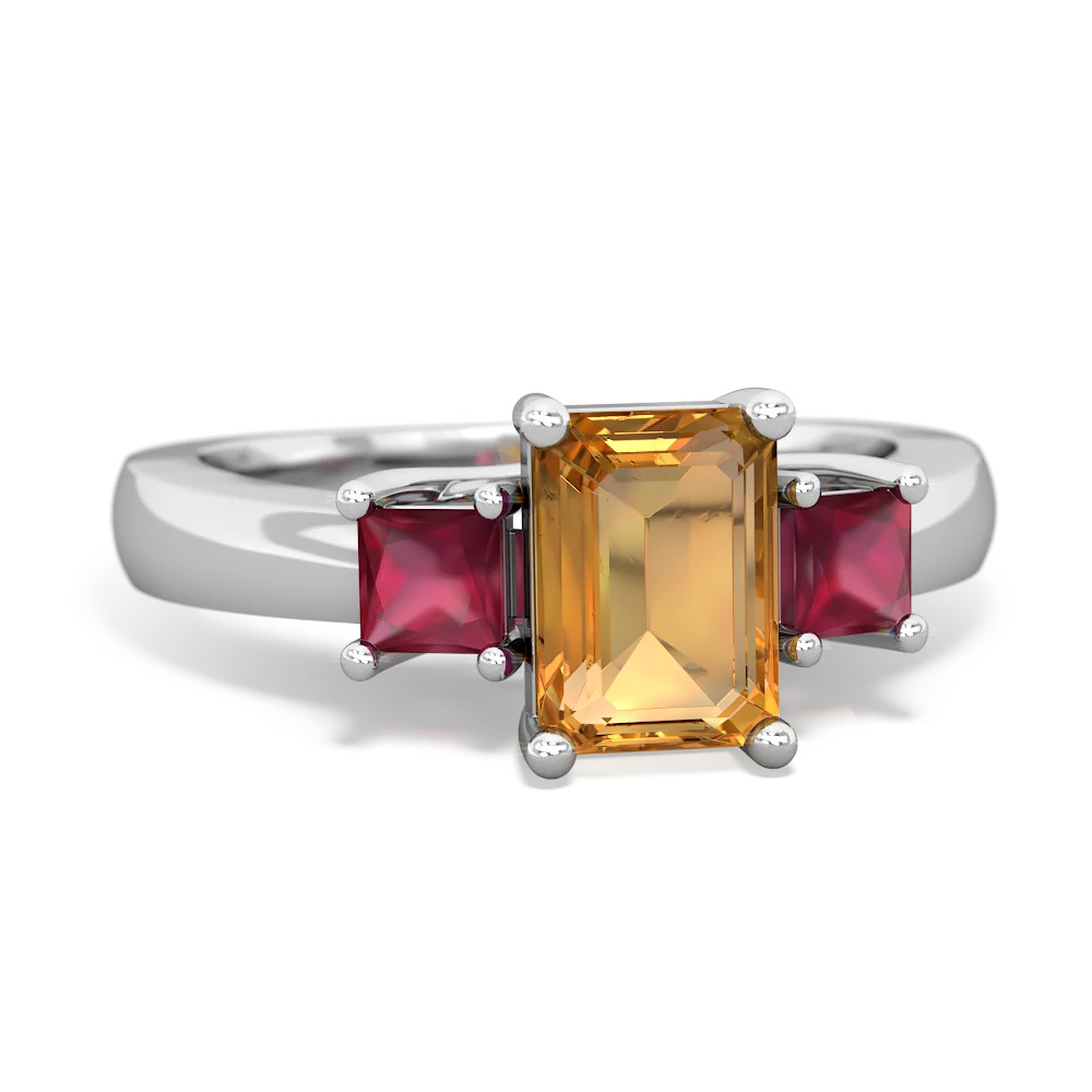 Citrine Three Stone Emerald-Cut Trellis 14K White Gold ring R4021