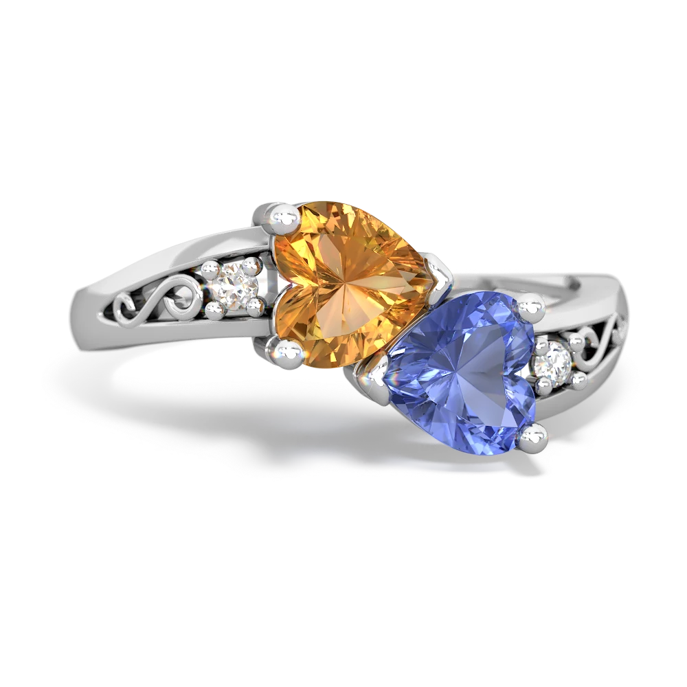 Citrine Snuggling Hearts 14K White Gold ring R2178