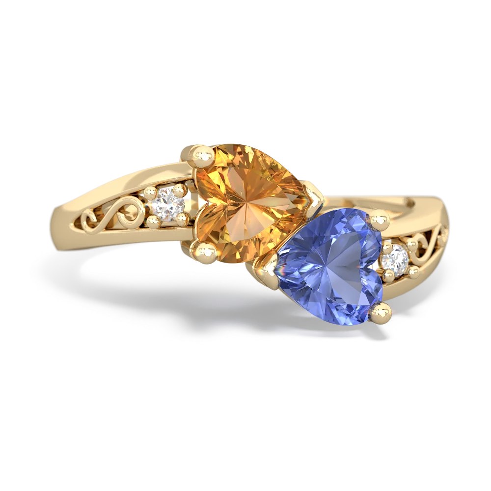 Citrine Snuggling Hearts 14K Yellow Gold ring R2178