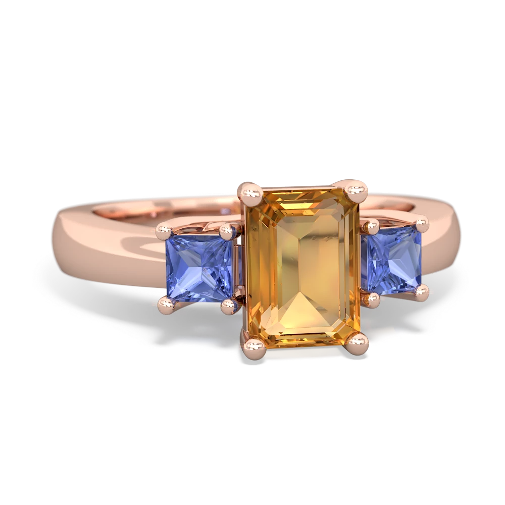 Citrine Three Stone Emerald-Cut Trellis 14K Rose Gold ring R4021