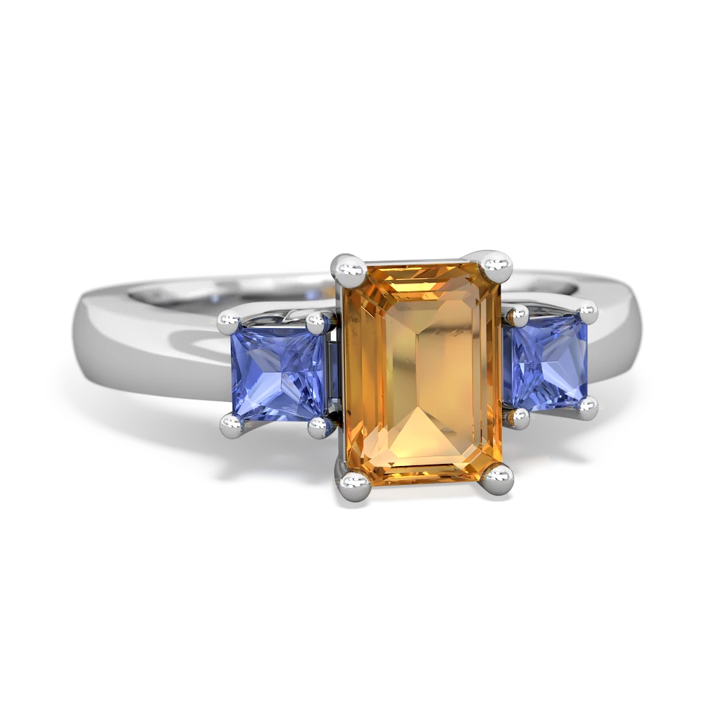 Citrine Three Stone Emerald-Cut Trellis 14K White Gold ring R4021