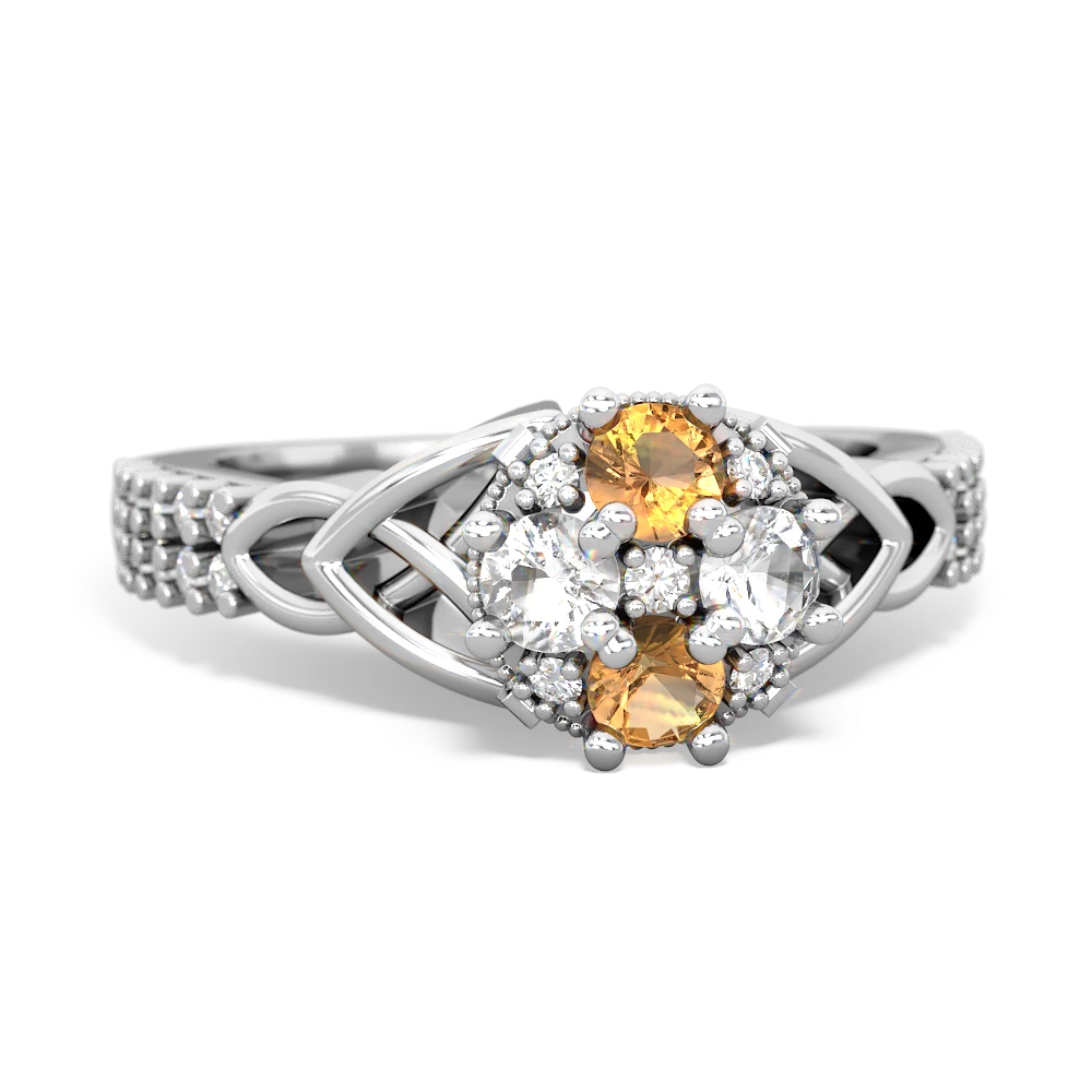 Citrine Celtic Knot Cluster Engagement 14K White Gold ring R26443RD