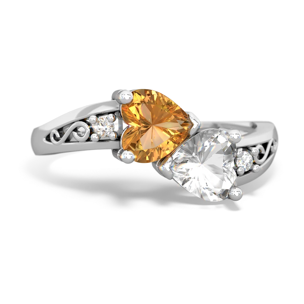 Citrine Snuggling Hearts 14K White Gold ring R2178