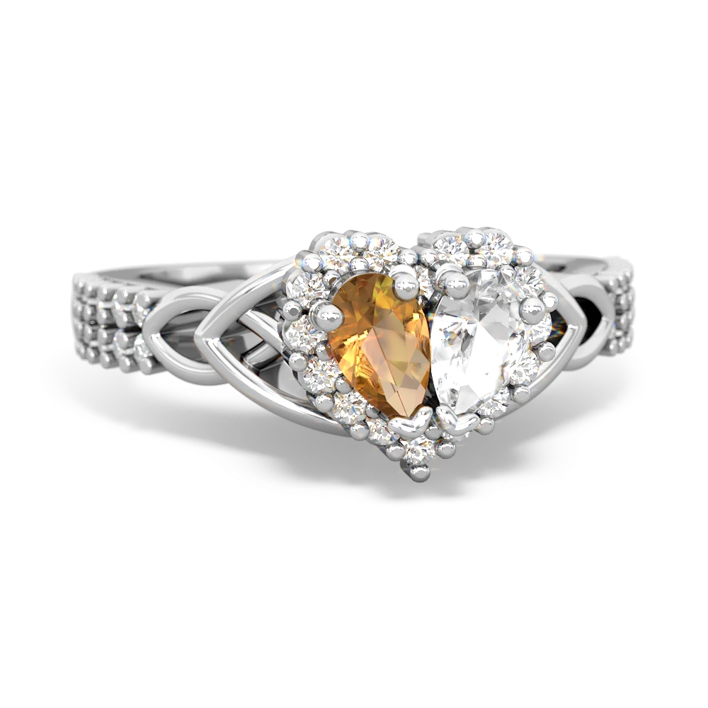 Citrine Celtic Knot Two Hearts As One 14K White Gold ring R2644HRT