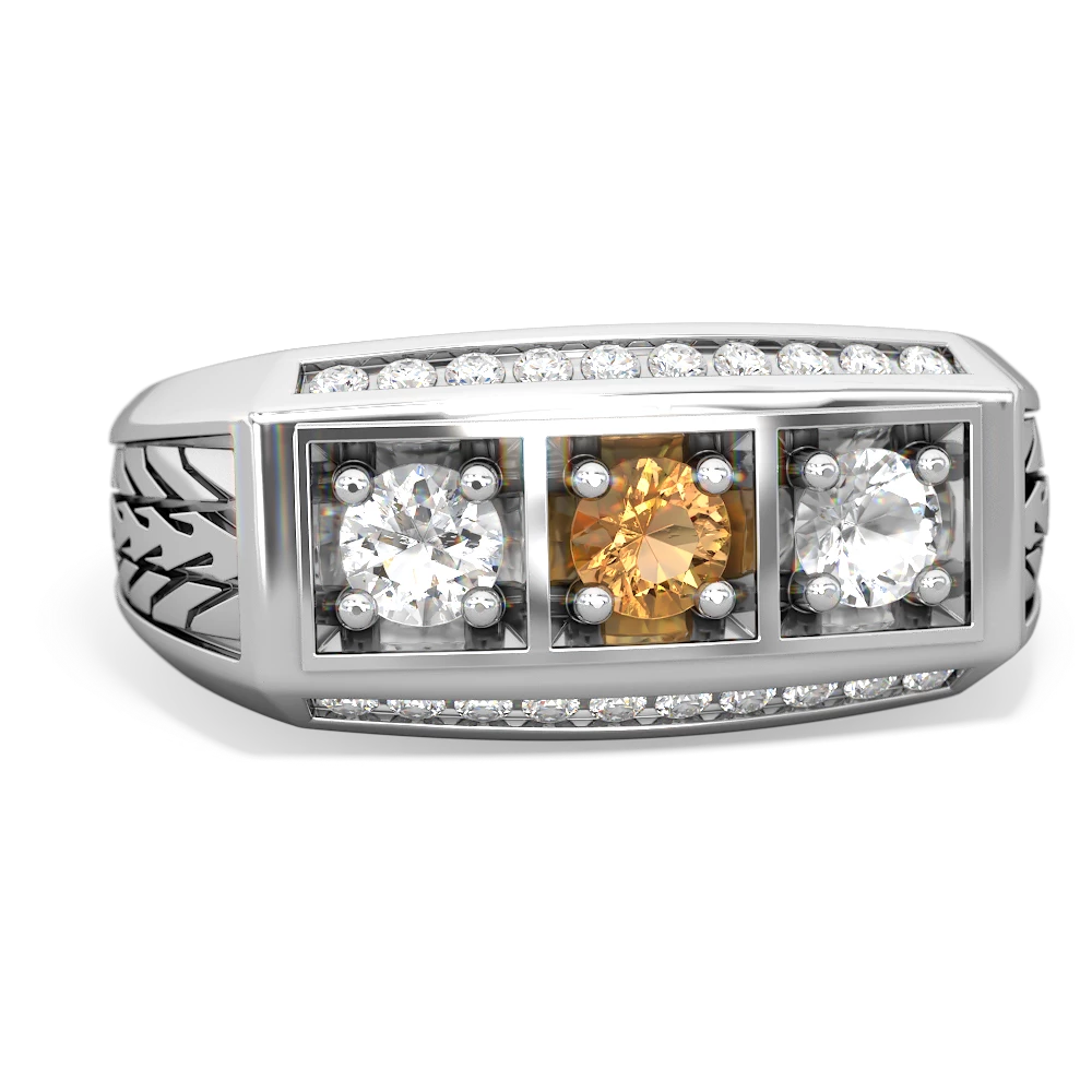 Citrine Three Stone Tire Tread Men's 14K White Gold ring R0520