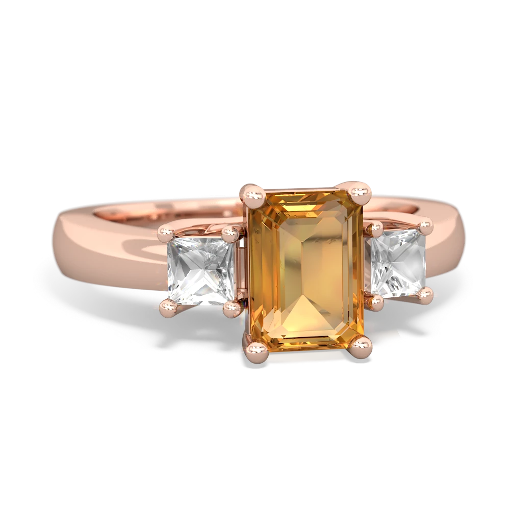 Citrine Three Stone Emerald-Cut Trellis 14K Rose Gold ring R4021