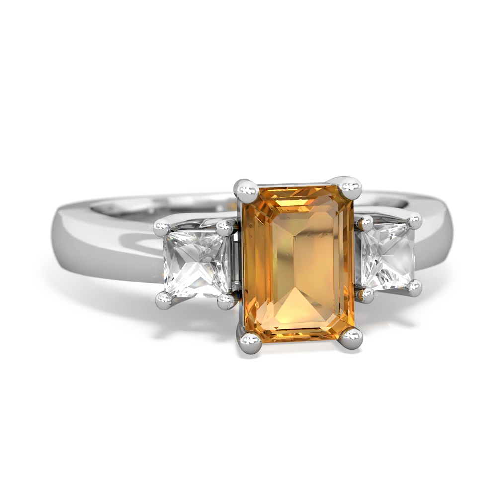 Citrine Three Stone Emerald-Cut Trellis 14K White Gold ring R4021